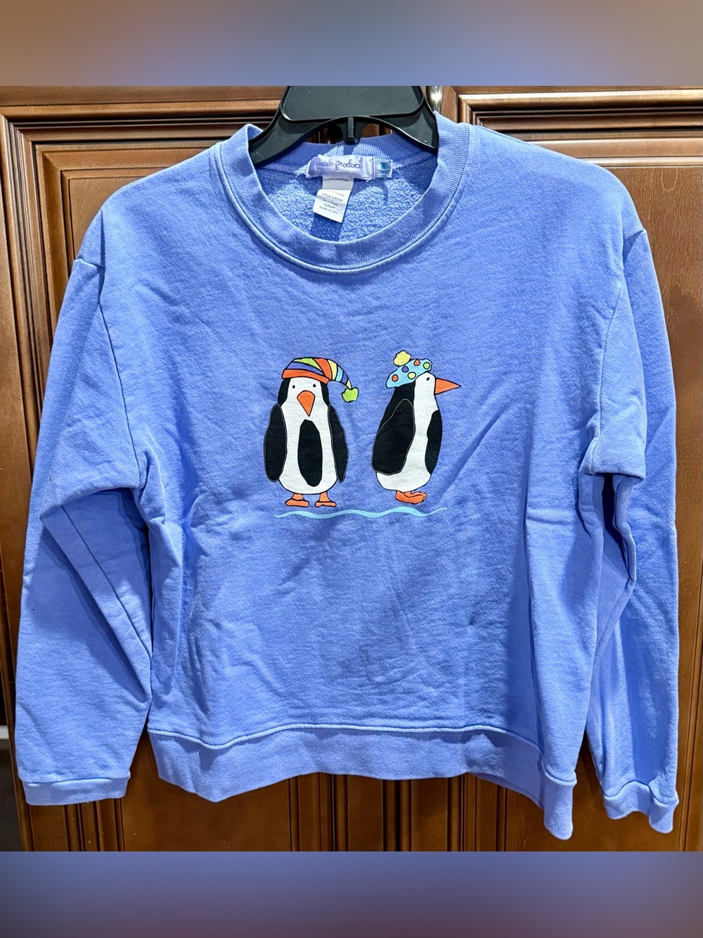 Fresh Produce Penguin Sweatshirt Medium Blue Made in USA 100% Cotton Fleece